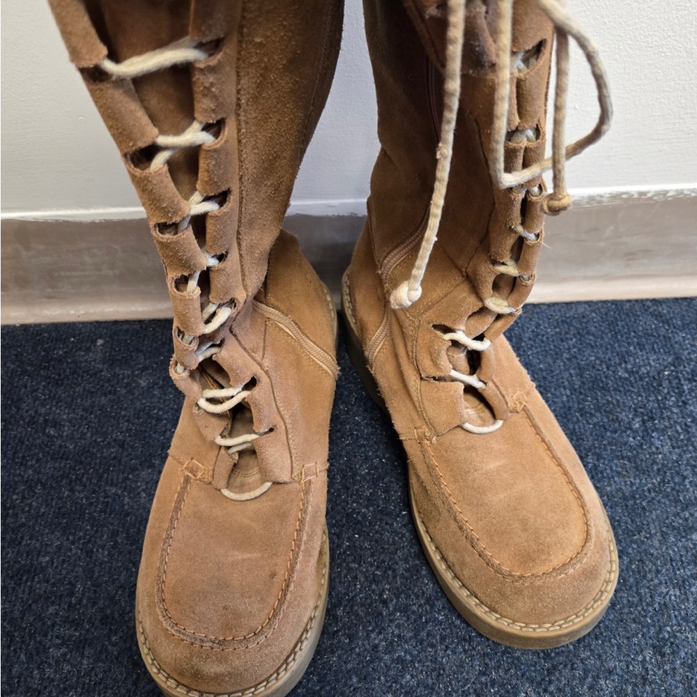 Tan Lace-Up Suede Boots